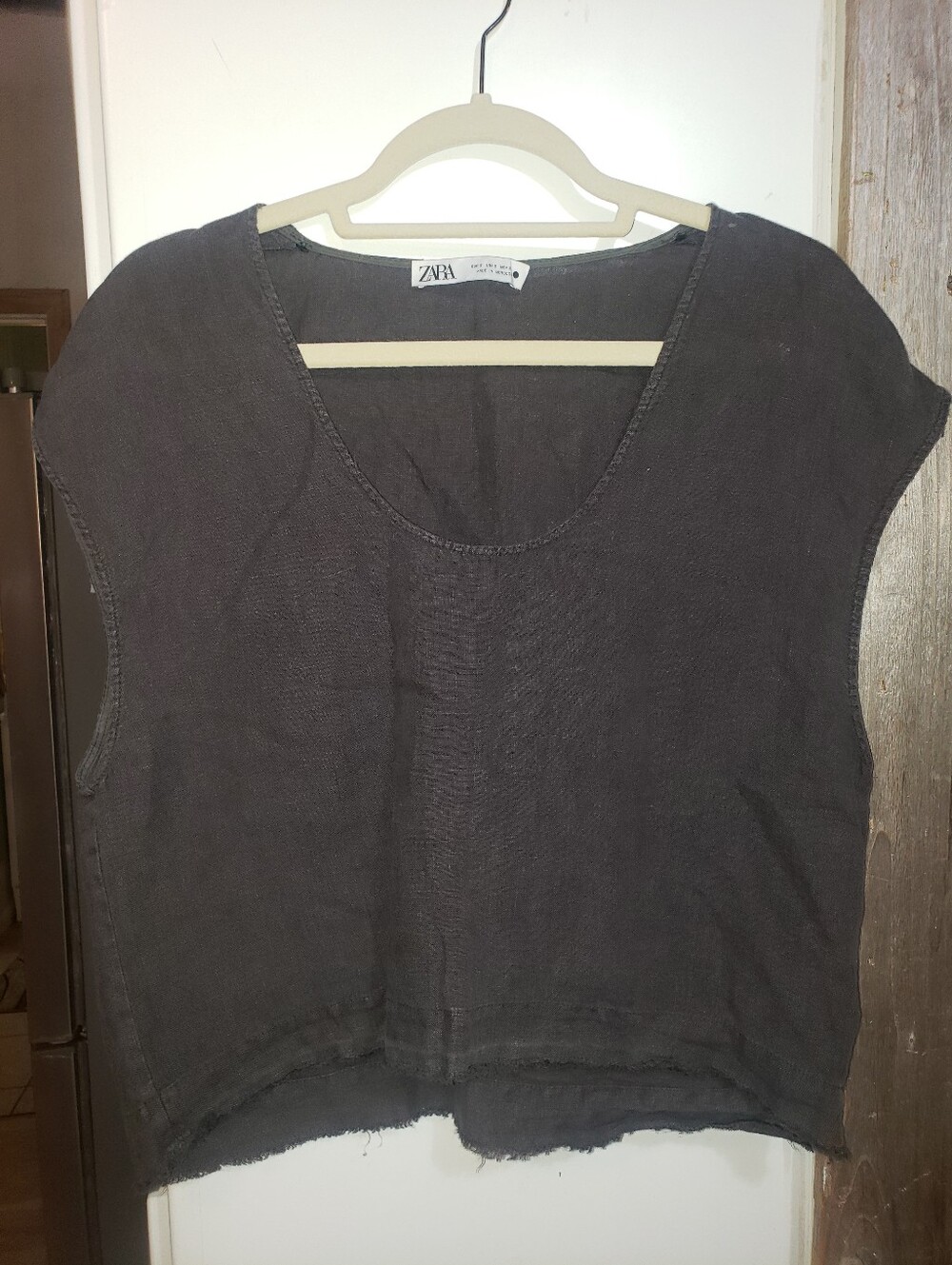 Zara 100%Linen Boxy Oversized Small Top Dark Grey Raw Hem Earthy Boho Minimilist